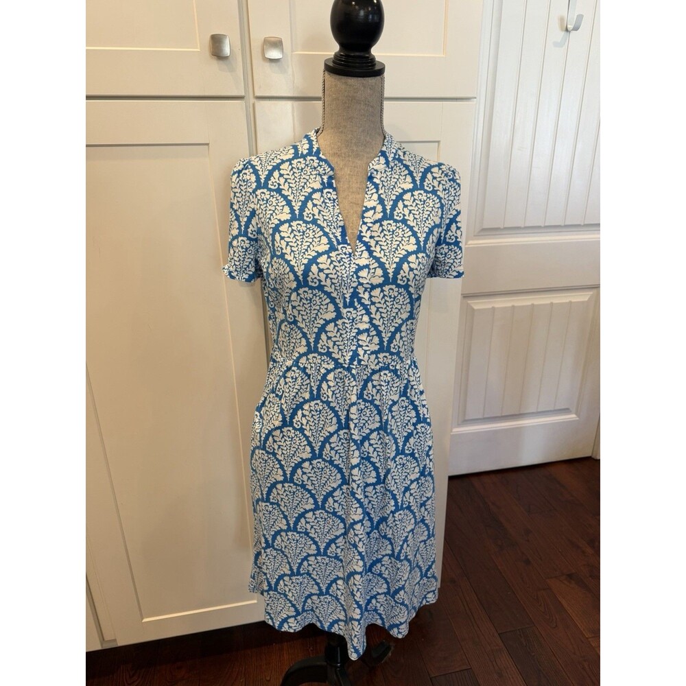 Boden Womens 8L Blue White Floral Print Short Sleeve Midi Dress V Neck